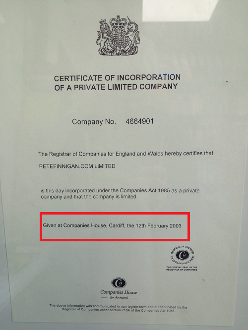 PeteFinnigan.com Limited Company Certificate