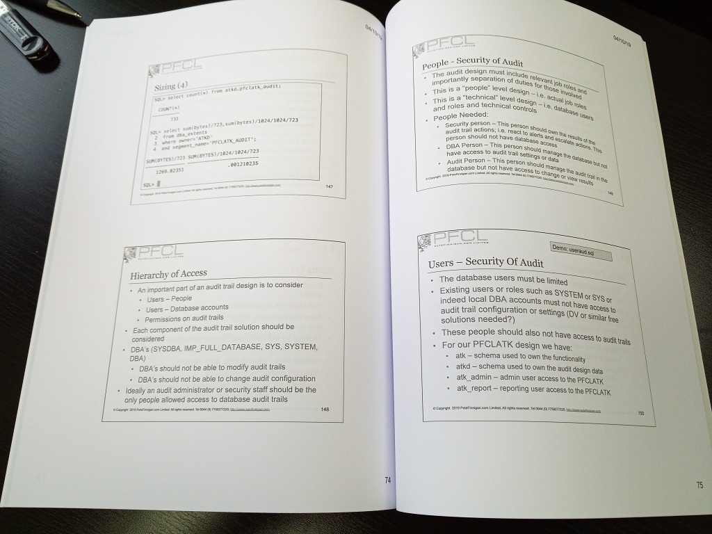 Printed manuals for hardening and locking Oracle class October 2019