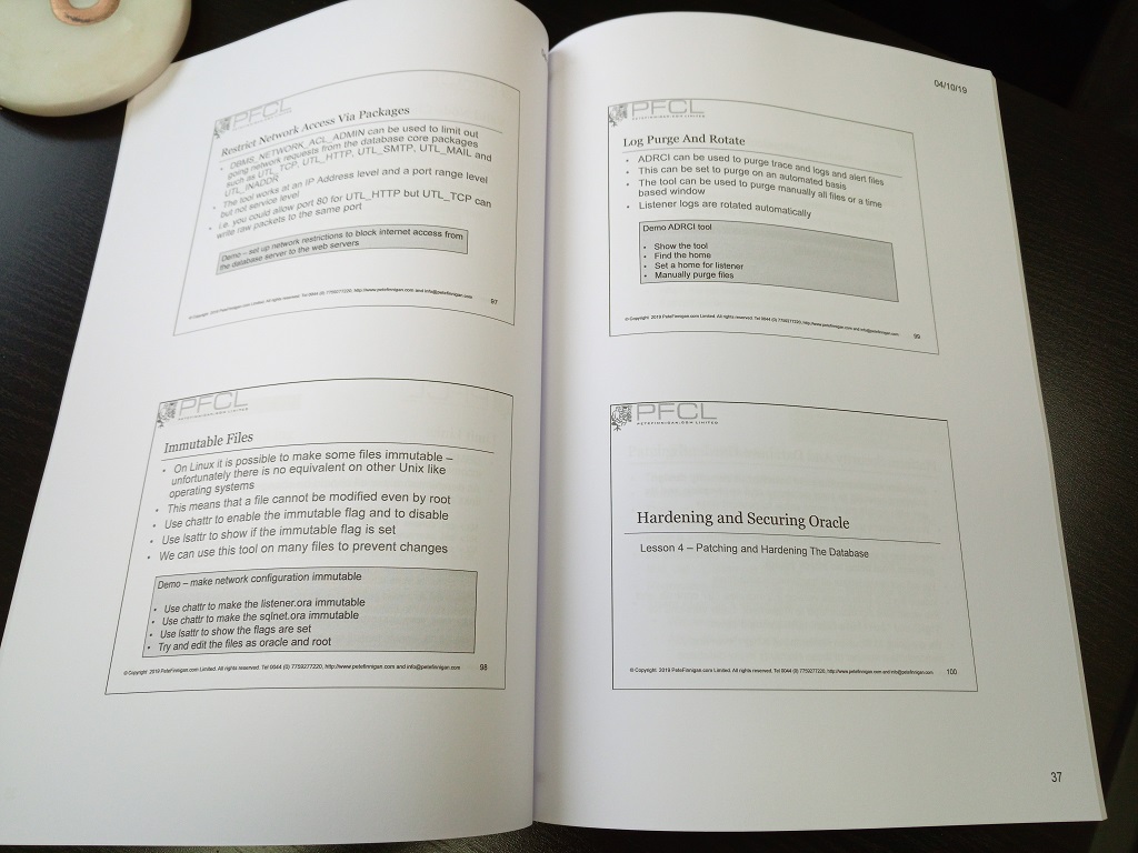 Printed manuals for hardening and locking Oracle class October 2019