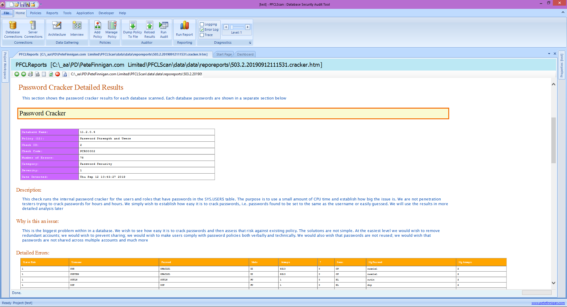 PFCLScan Password Cracker report