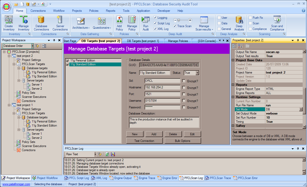 PFCLScan Database Target choice screen