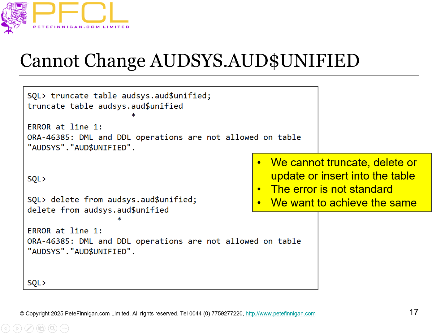 Cannot Change AUDSYS.AUD$UNIFIED